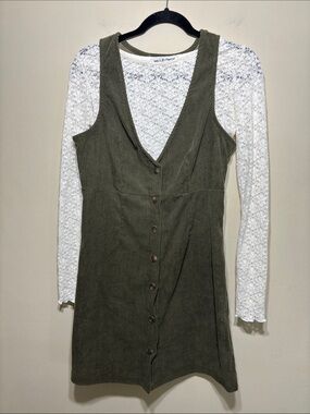 Wallflower Olive Corduroy Button-Front Mini Dress with White Lace long sleeve